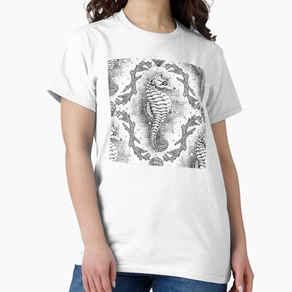 Victorian Seahorse Damask in Black & White Antique Steampunk